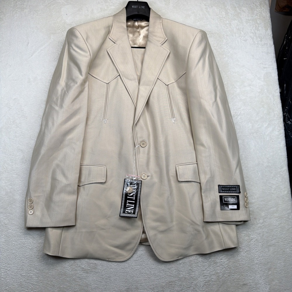 Vintage Western Suit Mens 42R 32W Beige Cowboy Rodeo Rockabilly Deadstock NWT